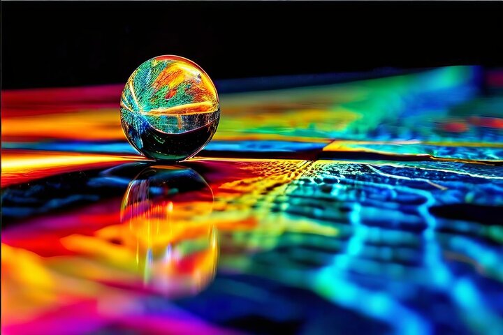 News 15 A reflective glass sphere rests on a vibrantly colored abstract surface, showcasing a spectrum of neon hues. Reminiscent of the history of NIR, the sphere mirrors vivid patterns beneath it, crafting a dynamic interplay of light and color.