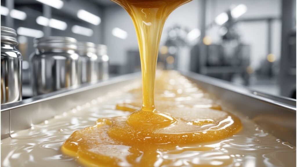 News 11 A thick, golden liquid is poured onto a metal surface in an industrial setting, reminiscent of the history of spectral imaging. Rows of gleaming metal containers stand slightly out of focus in the background, evoking a sense of precision and innovation.