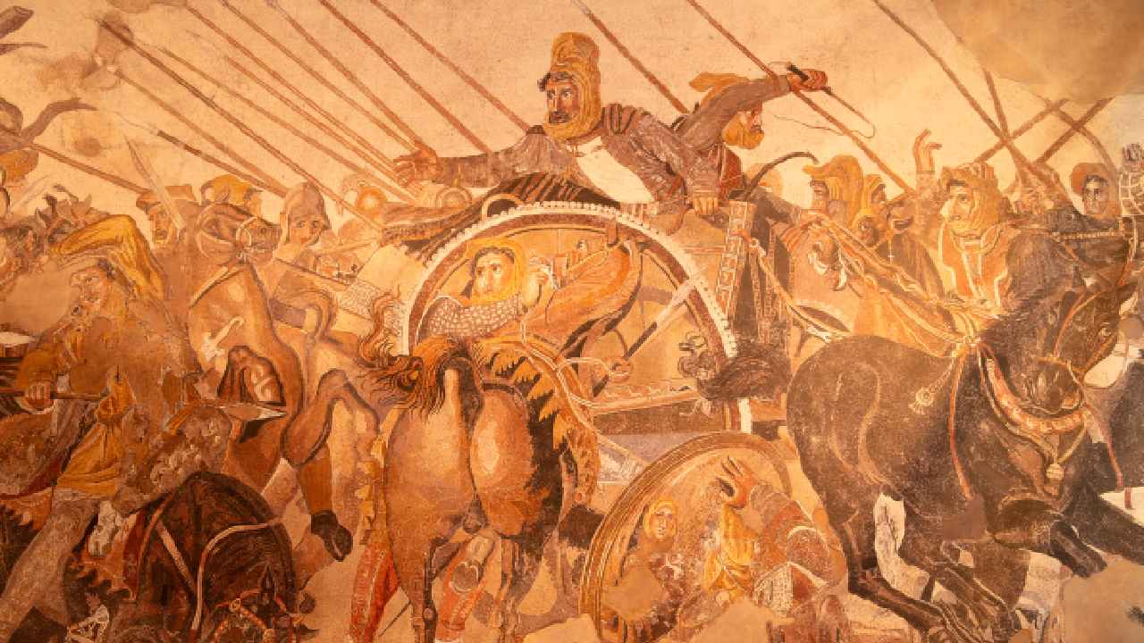 The Alexander Mosaic, a detailed ancient artwork depicting the Battle of Issus between Alexander the Great and Darius III, preserved through non-invasive analysis techniques like XRF (X-ray fluorescence) to study and protect its pigments without damaging the original tiles.